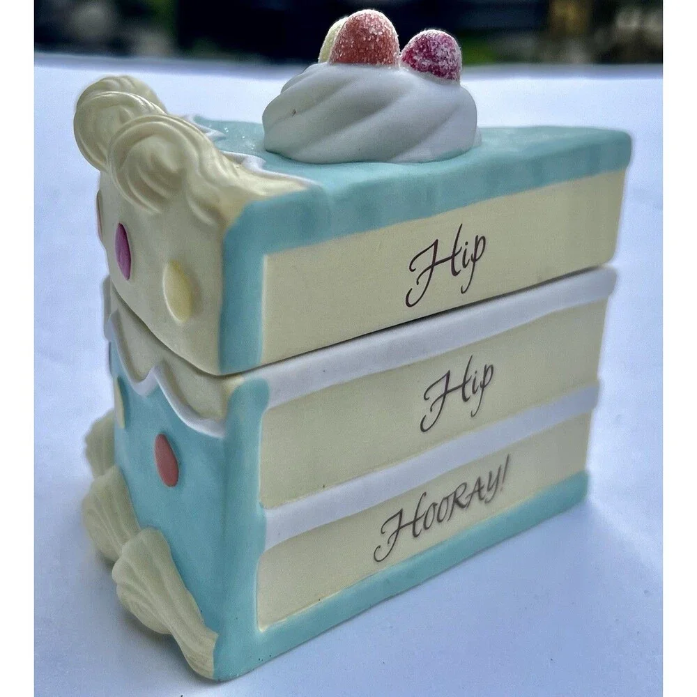 Hallmark Hip Hip Hooray Cake Slice Trinket Box Congrats Ceramic Keepsake w Card